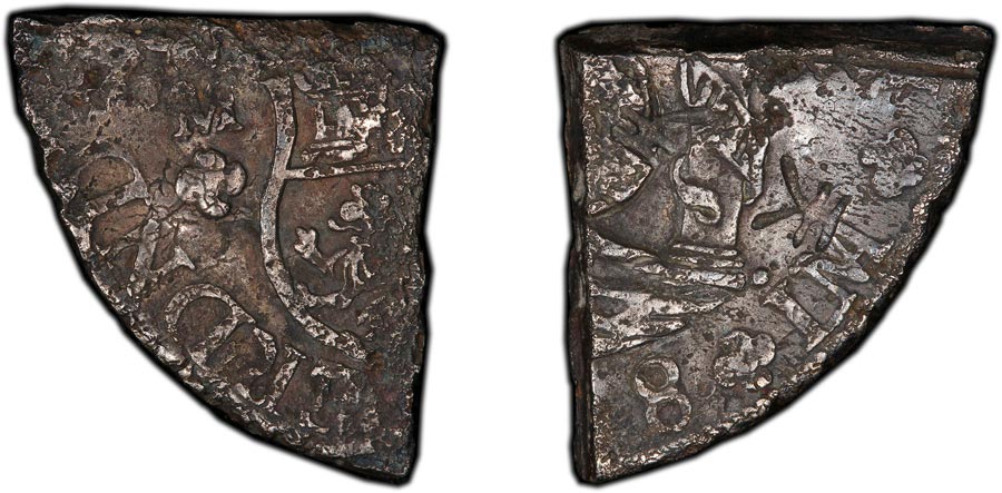 "2 Reales fragment", cut from 1758-L JM Peru 8 Reales, Ferdinand VI type