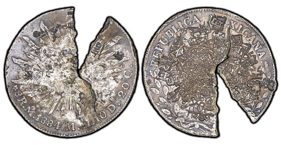 1884-Mo MH Mexico "7 Reales", 1/8th cutout removed from 8 Reales coin