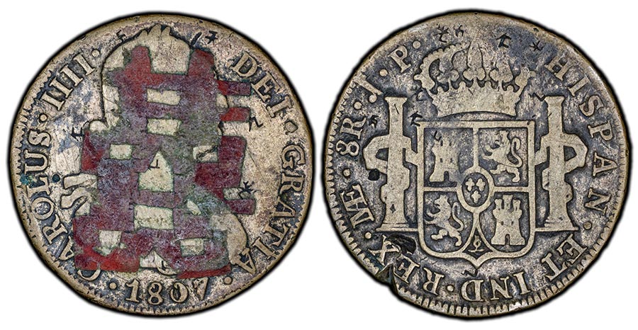 "1807"-LM JP Peru 8 Reales Carolus IIII type with "Double Happiness" Paper Chop