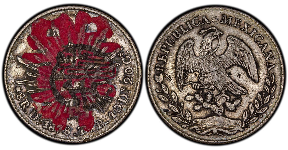 1878-Do TB Mexico 8 Reales with "Happy Wedding" & Ink & normal chopmarks