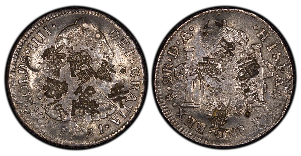 1791-So DA Chile 2 Reales Carlos IIII legend, bust of Carlos III portrait type