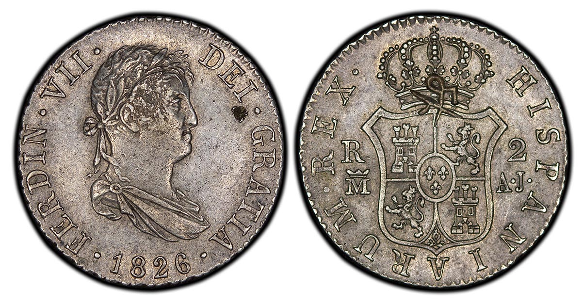 1826-M AJ Spain 2 Reales Ferdinand VII draped bust type