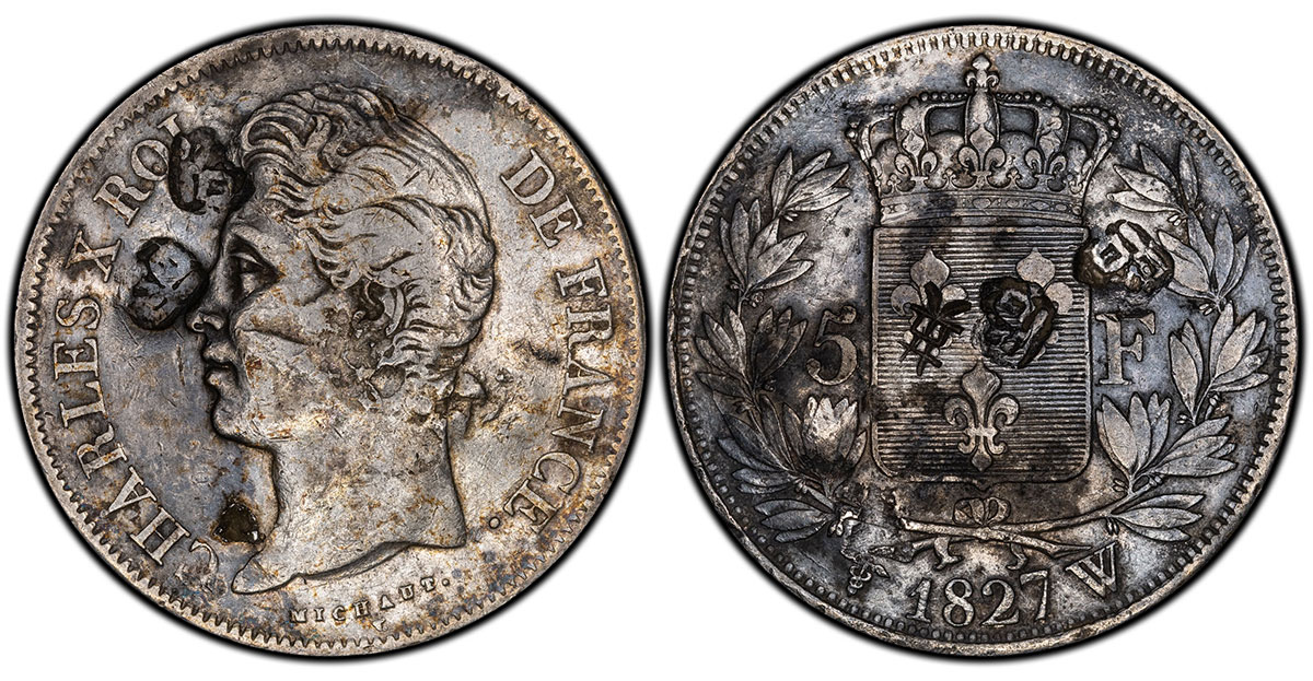 1827-W France 5 Francs, Lille mint, Charles X head left