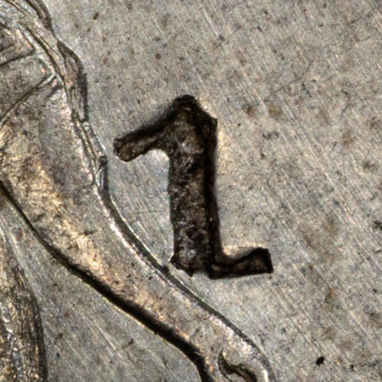 Chopmark resembling 1 - number chopmark - A numeral used as a chopmark. Number marks on foreign trade coins were most likely tally, batch, or accounting marks applied by a merchant or money shop to keep count of coins as they were weighed, bagged, or inspected. The specific reference behind an individual digit is generally not identifiable.