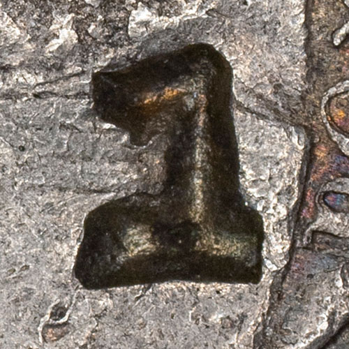 1 - number chopmark - A numeral used as a chopmark. Number marks on foreign trade coins were most likely tally, batch, or accounting marks applied by a merchant or money shop to keep count of coins as they were weighed, bagged, or inspected. The specific reference behind an individual digit is generally not identifiable.