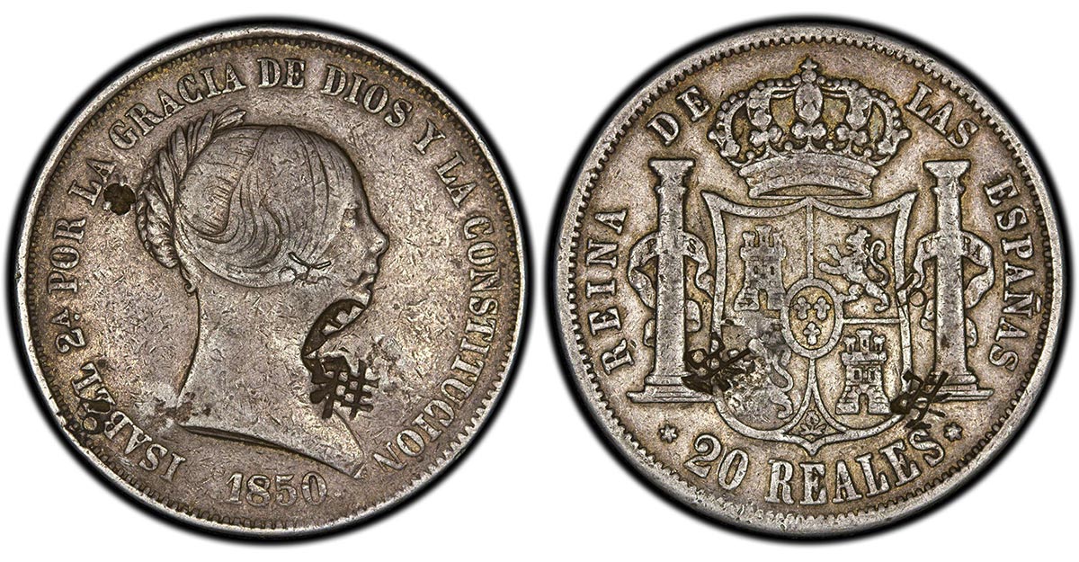 1850 Spain 20 Reales Isabel II type, struck at the Madrid mint (Ex. Bowman)