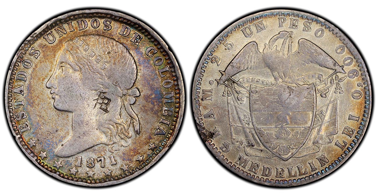 1871 Colombia Peso, Medellin mint