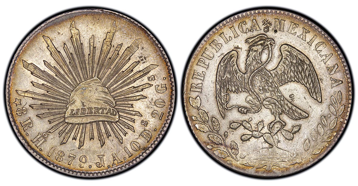 1879-Ho JA Cap & Rays 8 Reales, Hermosillo, Mexico mint