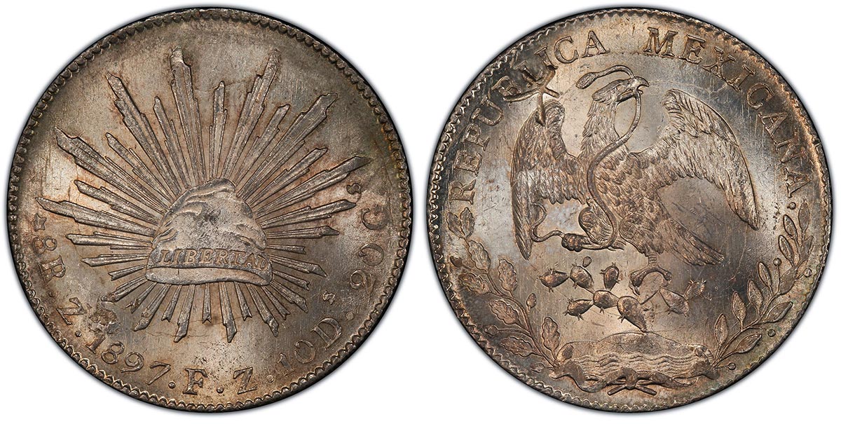 1897-Zs FZ Cap & Rays 8 Reales, Zacatecas, Mexico mint