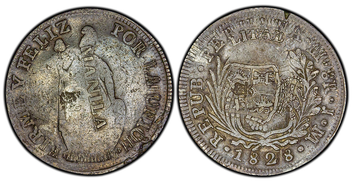(1828) Spanish Philippines 8 Reales with MANILA counterstamp on 1828-LM JM Peru host (Ex. Murphy / Rose / Farouk)