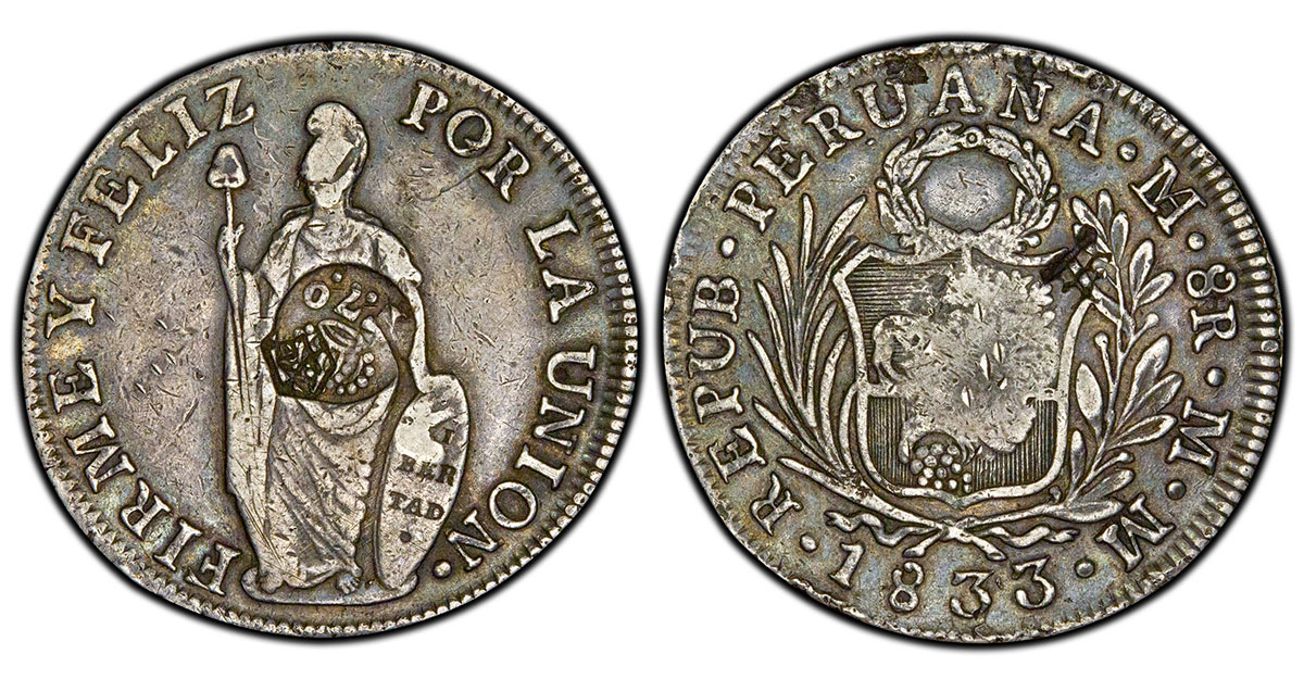 Spanish Philippines Ferdinand 7 Countermark on 1833-LM MM Peru 8R host coin (Ex. Murphy)