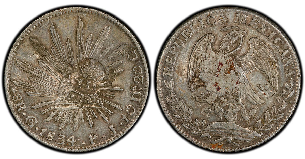 Spanish Philippines Isabella II Countermark on 1834-Go PJ Mexico 8 R host coin