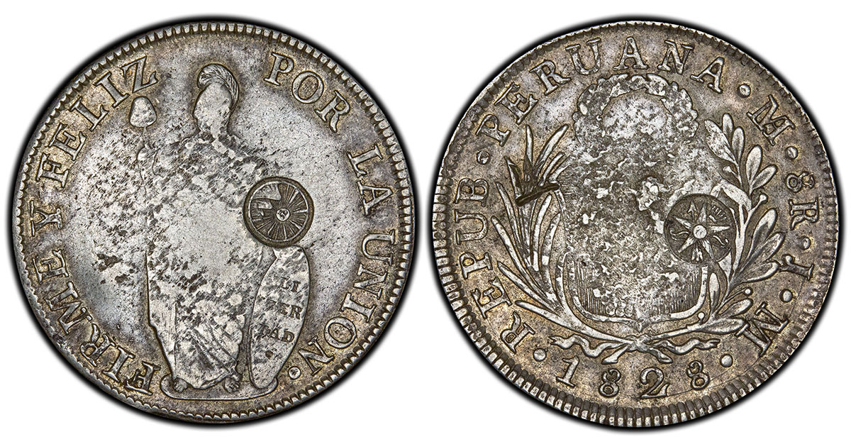 (1841) Guatemala Type IV countermark on 1828-LM JM Peru 8 Reales (Ex. Bowman / Murphy)