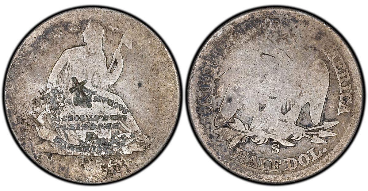 (ca. 1856-57) "J.L. Polhemus Sacramento, CA Druggist" counterstamp on 1856-S US Seated Half Dollar