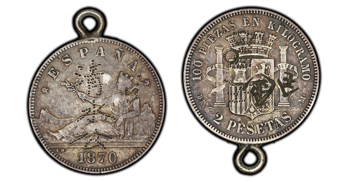 1870 (1874) Spain 2 Pesetas with religious diety marks