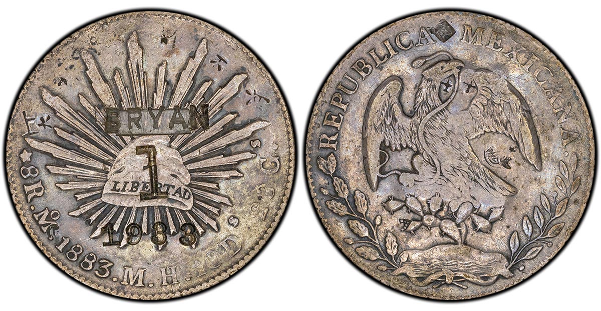1883-Mo MH Mexico 8 Reales with Brunk B-1237 "BRYAN 1 1933" countermark & small chopmarks