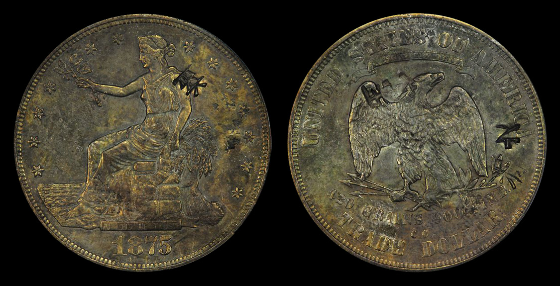1875-CC United States Trade Dollar with chopmarks