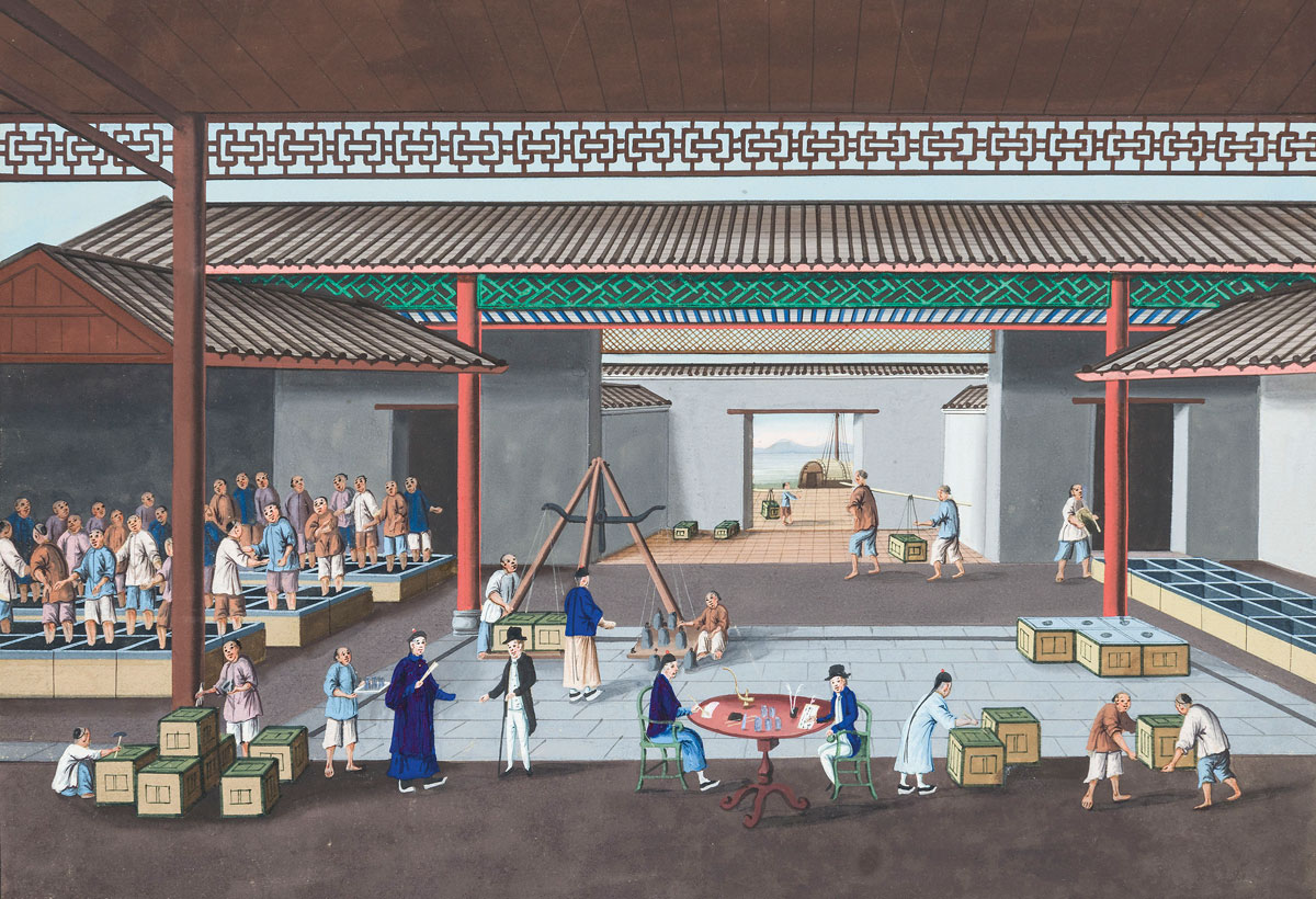 A Canton Tea Warehouse with Western Merchants buying tea, studio of Tingqua (1809-1870)