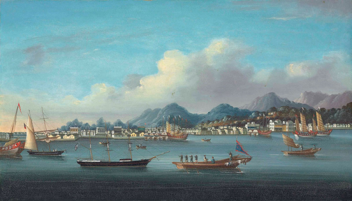 View of the waterfront at Amoy (Xiamen) showing the European factories, Chinese School, c.1850