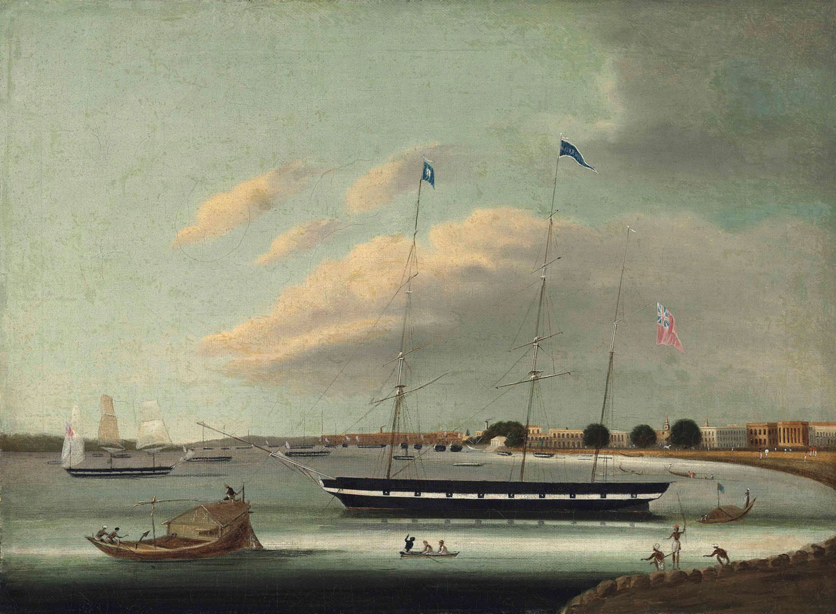 The opium clipper 'Waterwitch' at anchor in the Hooghly River, Calcutta, Chinese School, c.1840