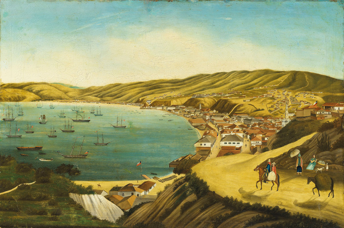 Valparaiso from the south east with French, Danish, Chilean and American shipping offshore, Chinese School, c.1840