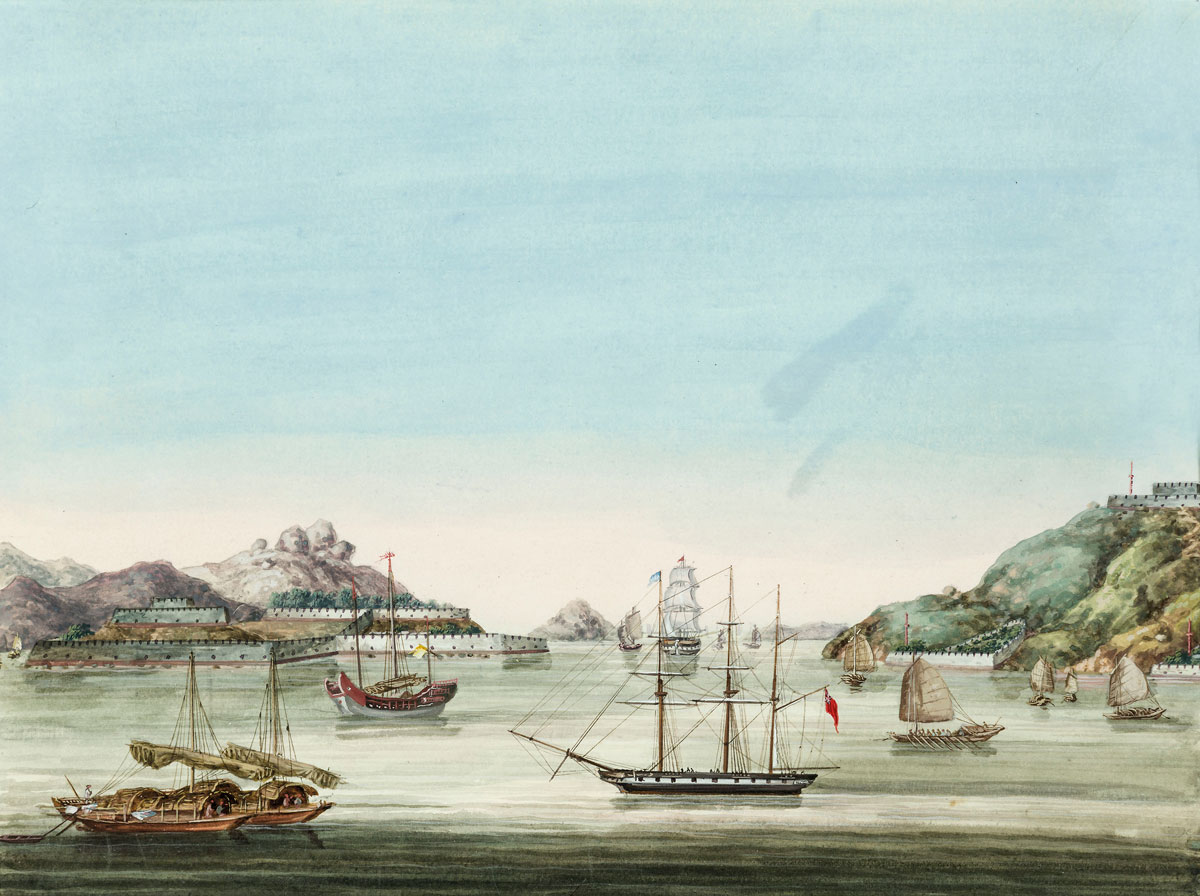 Bocca Tigris with a Chinese customs vessel, Chinese craft and British shipping, Studio of Tingqua (1809-1870)