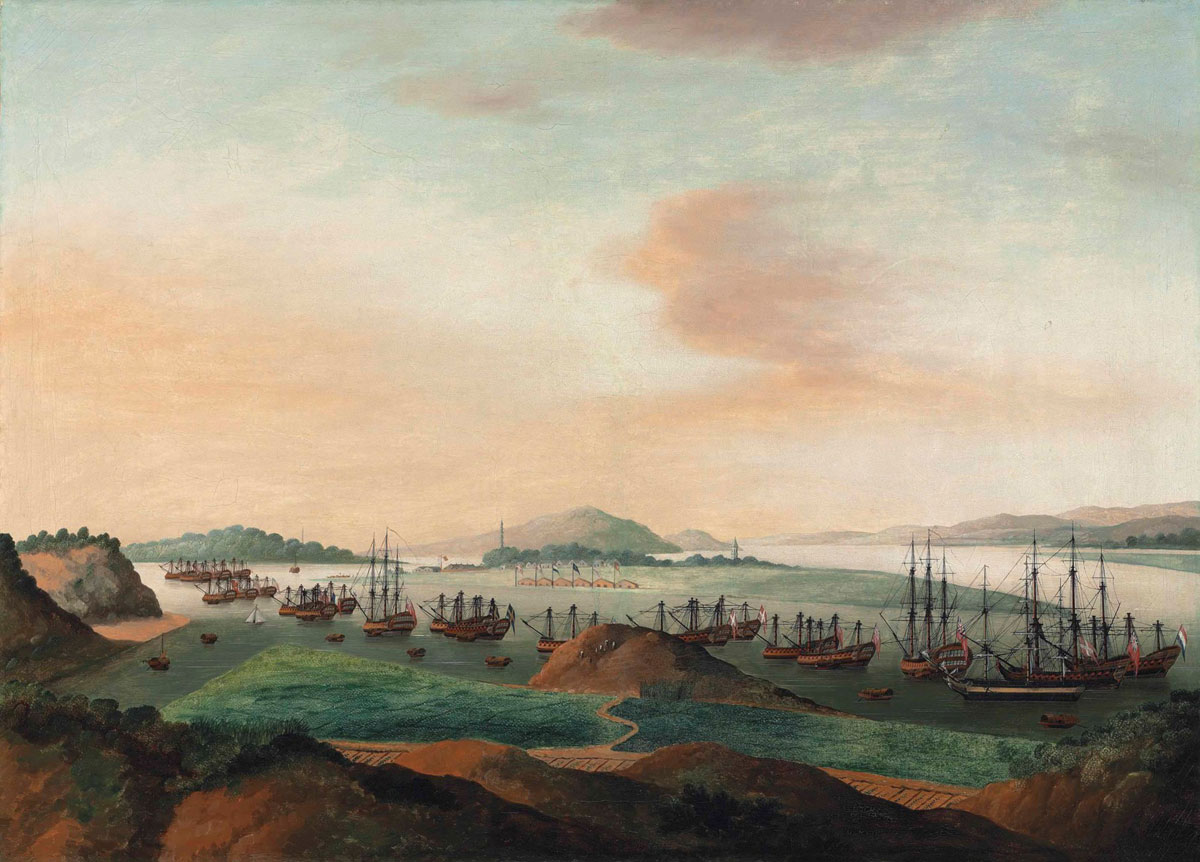 Whampoa Anchorage, from Dane's Island, with British, American, Portuguese, French, Swedish, Danish and Dutch shipping, Chinese School, c.1810