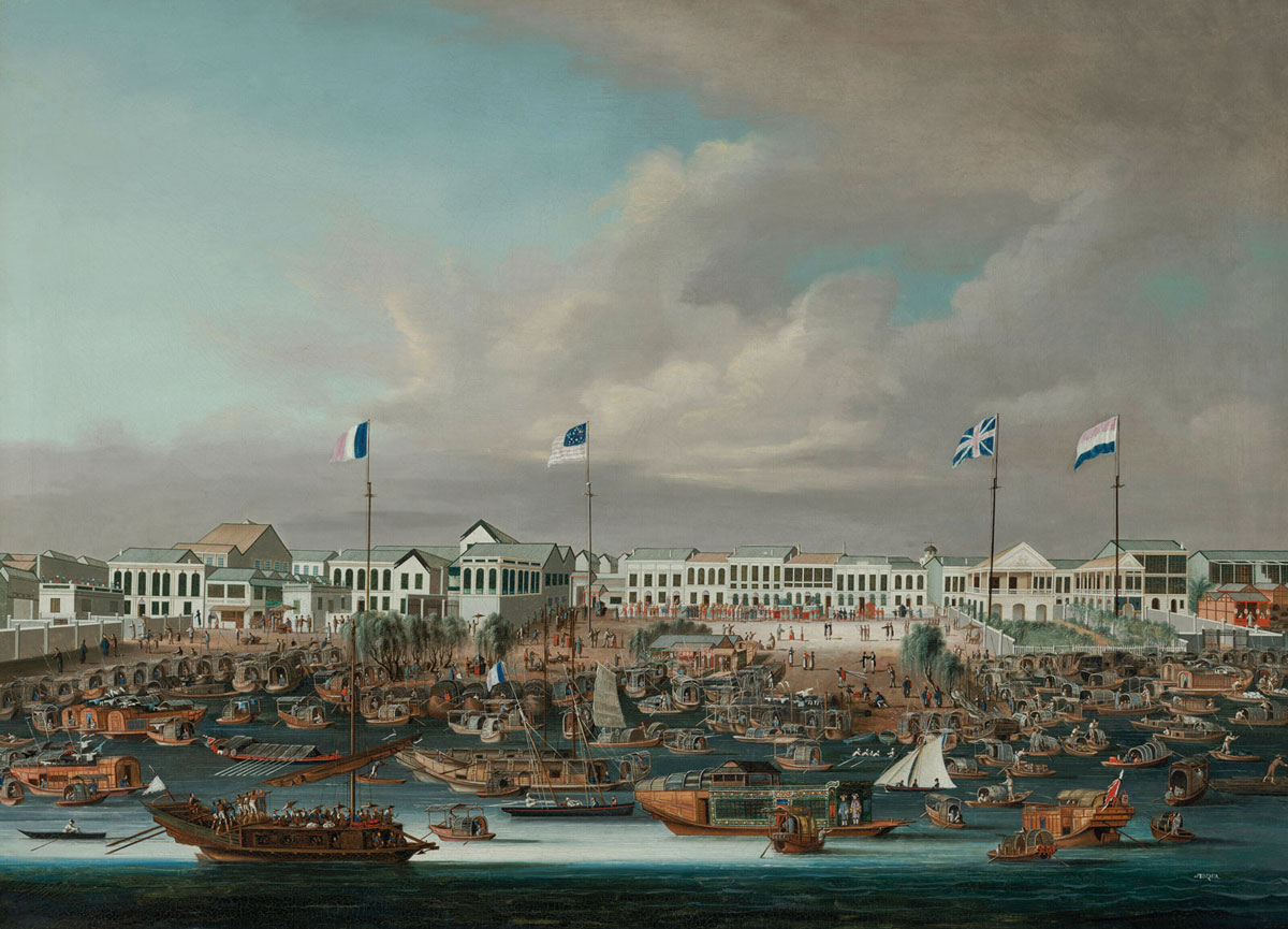 The Hongs of Canton, showing the French, American, British and Dutch flags, Sunqua (1830-1870)