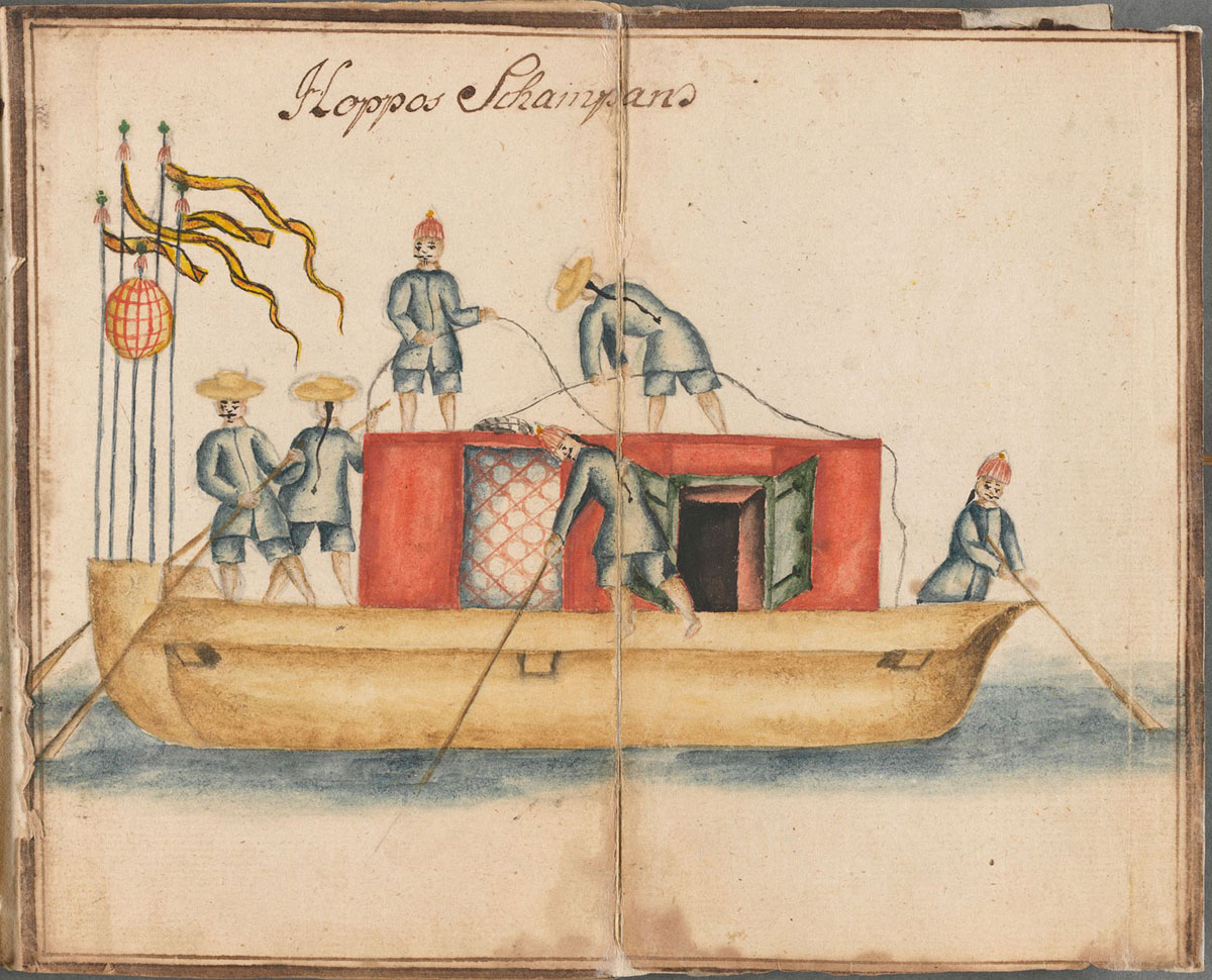 Hoppo's sampan (small, flat-bottomed wooden boat), drawing by Carl Fredrik von Schantz c. 1748