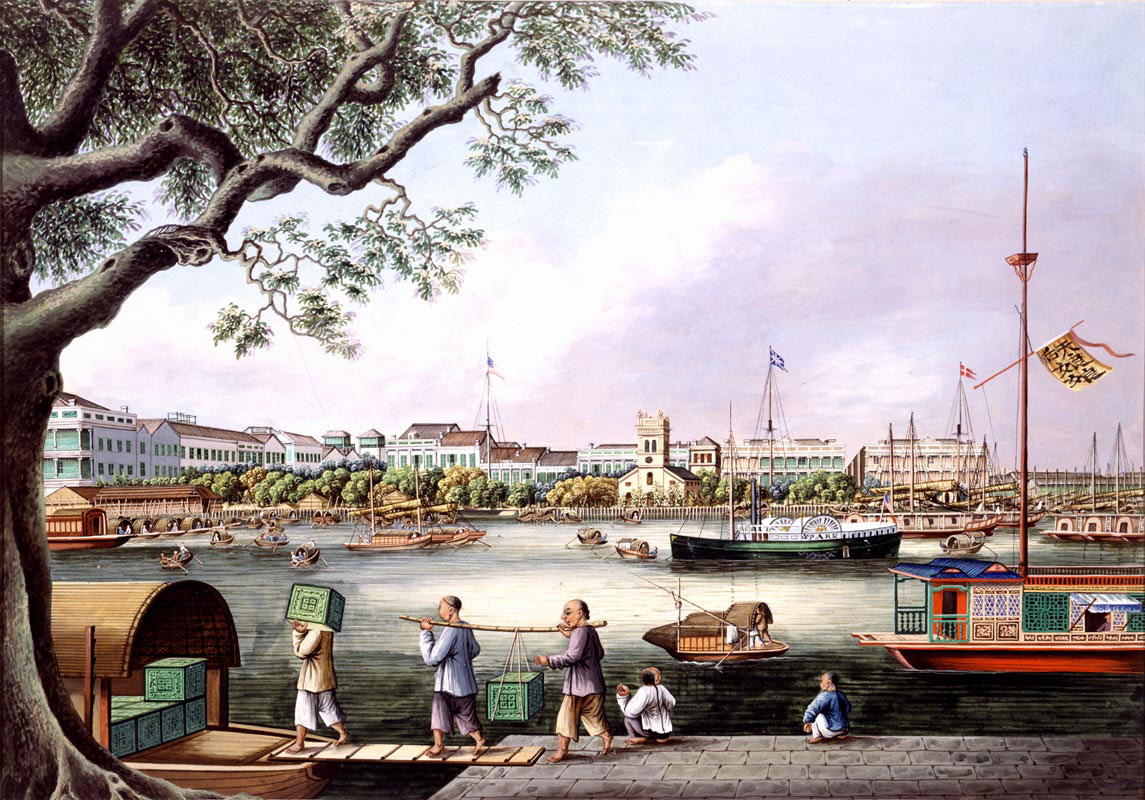 The Canton waterfront is depicted from Honam Island where workers load a sampan with chests of tea, c. 1852, attributed to Tinqua (1830s–1870s)