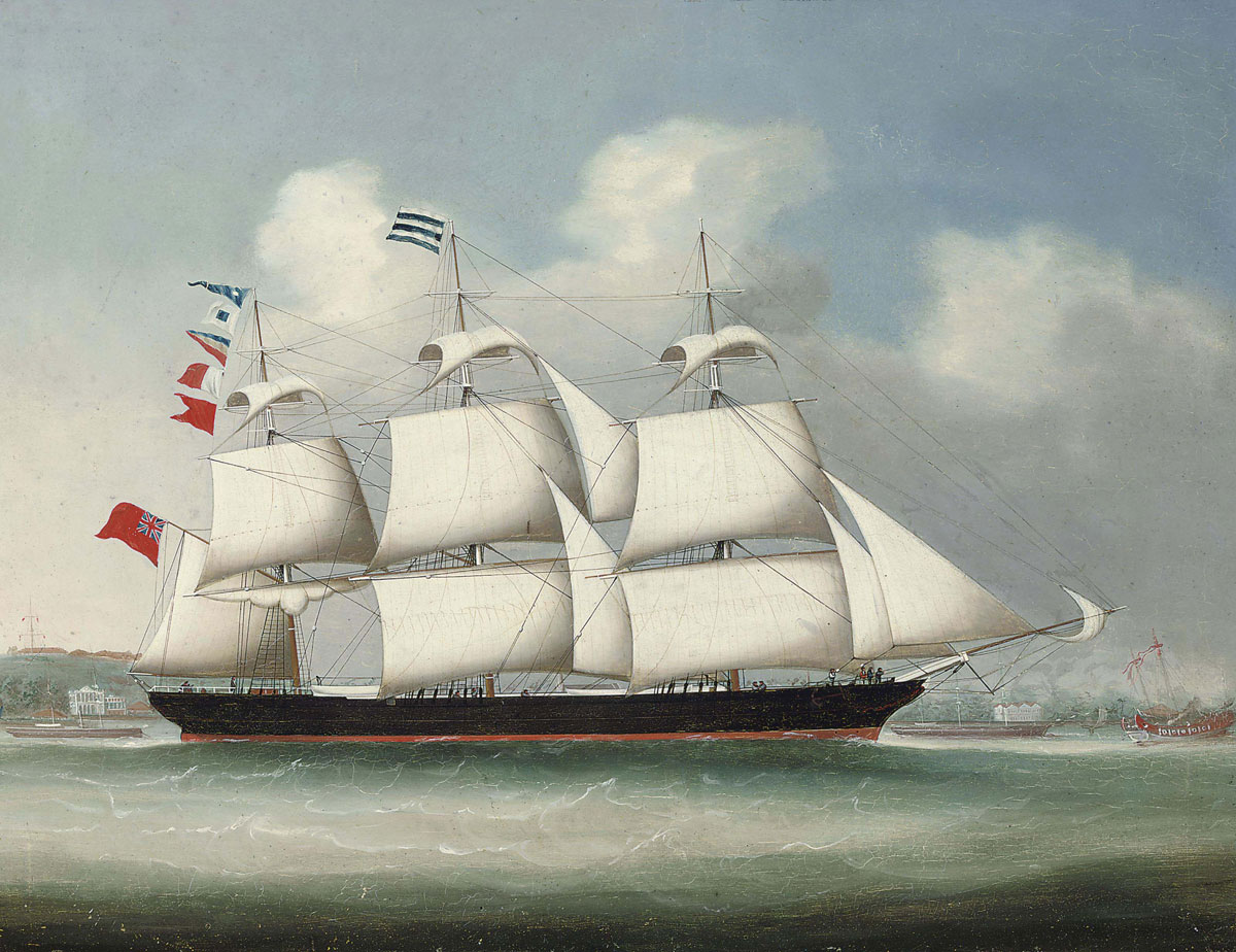 The iron full-rigger Thomas Blythe signalling her number off Whampoa, Chinese School, 19th Century