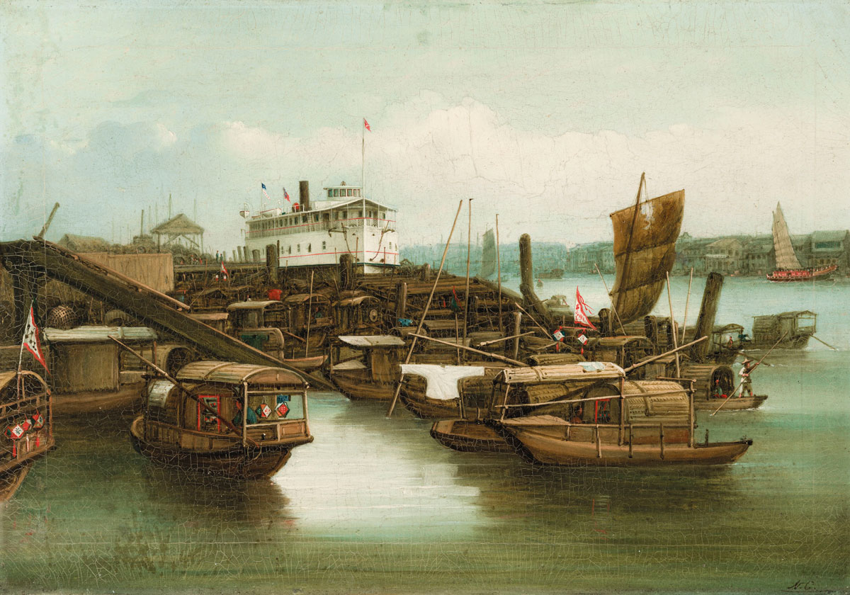 The steamer Honam at the Kowloon docks, Nicolas Chevalier(1828-1902)